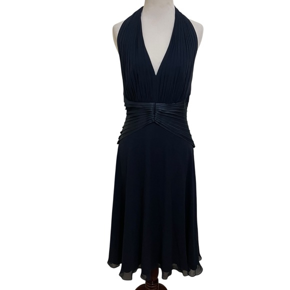 Tadashi Shoji Navy Blue Silk Midi Dress 12P Vintage Satin Halter Evening Wear - Picture 2 of 8